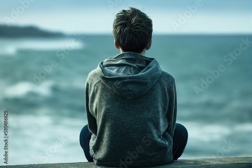 portrait d'un adolescent de dos face à la mer, solitude et tristesse