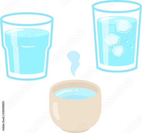 グラスに入った冷水とお湯と常温水