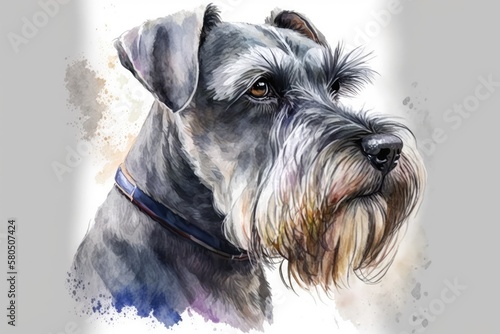 Schnauzer. A picture of a dog. Small dogs are set. Watercolor drawing made by hand. Generative AI