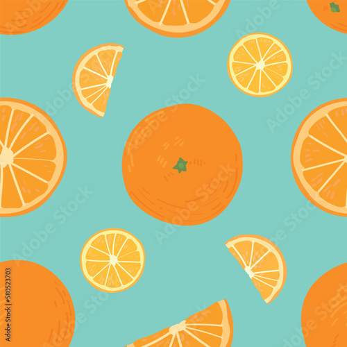 Many oranges on color background. Seamless pattern for design