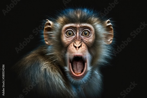Close up Portrait of Funny Long tailed macaque or Crab eating Monkey ape Sticking Out Tongue on Isolated Black Background. Generative AI