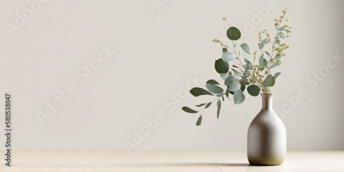 Beautiful eucalyptus flower in ceramic vase on table with white background. Copy space. Generative AI