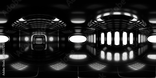 HDRI map, spherical environment panorama background, 360 degree high contrast interior light source rendering with black walls (8K, 3d equirectangular illustration)
