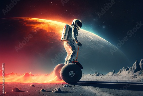 An astronaut riding electric segway at the planet surface. Creative illustration generated by Ai