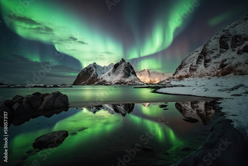 urora borealis. Lofoten islands, Norway. Aurora. Green northern lights. Starry sky with polar lights. Night winter landscape with aurora, sea with sky reflection and snowy mountains, generative AI