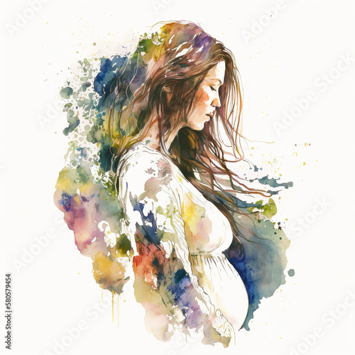 Illustration of a pregnant woman with a big belly, drawing in a watercolor style on a white background. Generative ai
