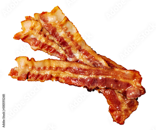 Closeup of slices of crispy hot fried bacon on transparent background. png file