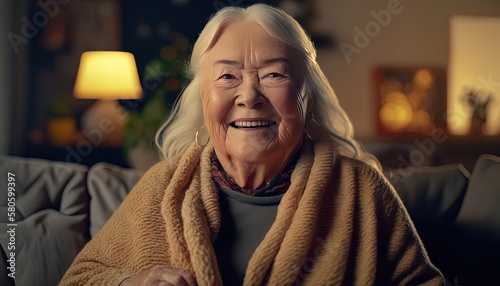 close up portrait of happy grandmother smiling at living room, Generative Ai