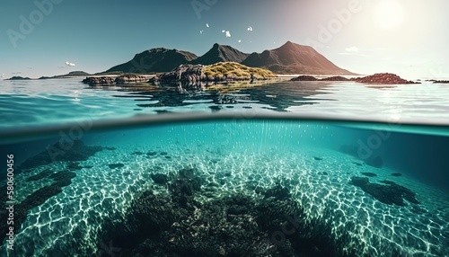 seascape both contrast view from above water and underwater landscape, idea for summer travel atmosphere, Generative Ai