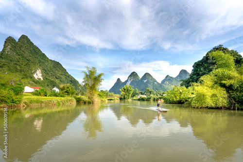 Fishermen fishing on Quay Son River in Phong Nam District, Cao Bang Province, Vietnam