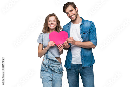 Couple smiling at camera holding a heart on transparent background