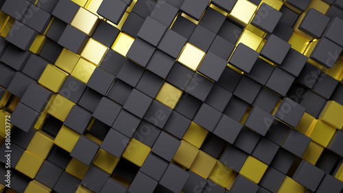 3d rendering abstract background of randomly positioned black and golden cubes. Top view