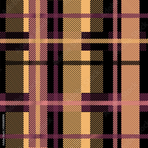 Plaid pattern in contrast purple, pink, yellow, black for scarf, blanket, duvet cover, throw, poncho. Seamless herringbone textured modern tartan check design for apparel fashion textile print.
