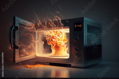 Burning microwave oven. Fire in a kitchen. Generative AI