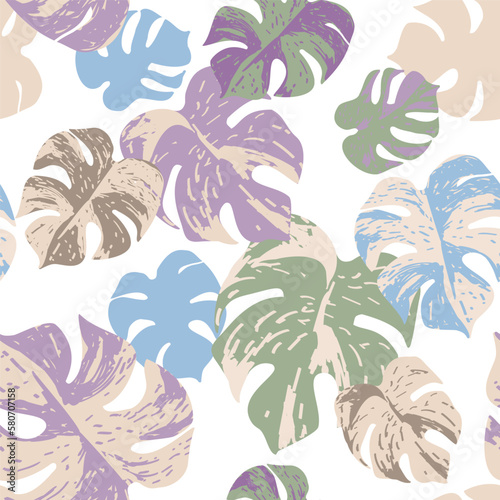 Grunge textured tropical leaves seamless pattern. Vector background with monstera plant, hand drawn texture in retro colors