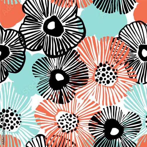 Bold daisy flowers and dotted doodle texture background.
