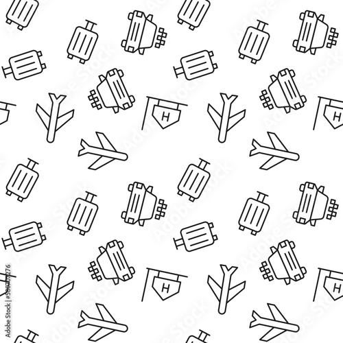 Seamless pattern of taxi, airplane, signboard made of line icons