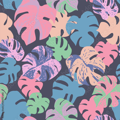 Grunge textured tropical leaves seamless pattern. Vector background with monstera plant, hand drawn texture in retro colors