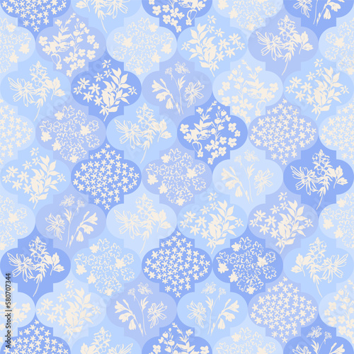 Abstract moroccan geometric seamless pattern with flower, twigs, leaves silhouettes.
