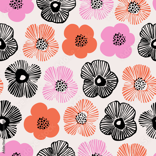 Bold daisy flowers and dotted doodle texture background.