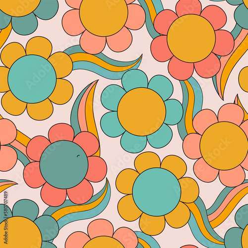 Abstract simple flower seamless pattern in 70s hippie style.