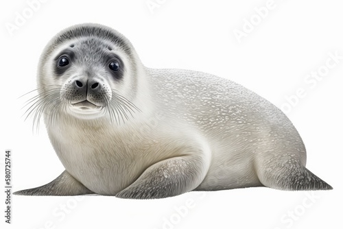 Realistic drawing of a harp seal (Pagophilus groenlandicus) for the Encyclopedia of Animals of the Arctic, image on a white background. Generative AI