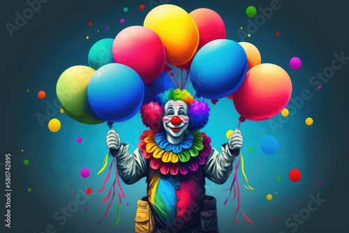 Scary smiling clown with balloons, created using generative ai technology