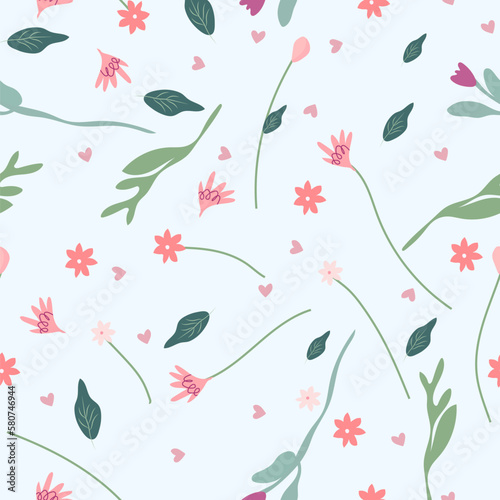 Minimalist floral seamless pattern. Bright flowers and green leaves. Spring bloom and luxury. The pattern can be used as a textile, fabric, wallpaper, banner, etc. Vector