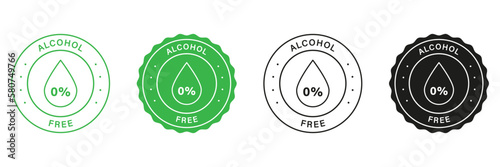 No Alcohol In Beauty Product Stamp Set. Zero Percent Alcohol-Free Labels. Natural Cosmetic Stickers for Alcohol Free Products. Droplet In Round Seal No Alcohol Icon. Isolated Vector Illustration