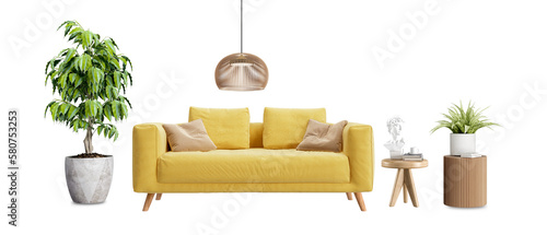 Living room interior has sofa in 3d rendering. Front view of sofa and plant in 3d rendering