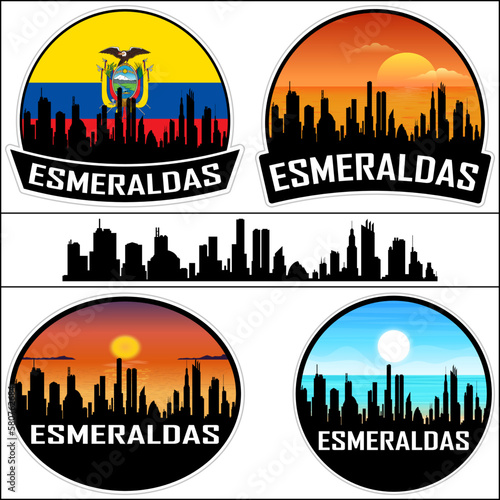 Esmeraldas Skyline Silhouette Ecuador Flag Travel Souvenir Sticker Sunset Background Vector Illustration SVG EPS AI