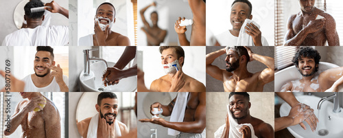 Cheerful muscular young international men shave, take a shower, apply cream and deodorant on skin, enjoy spa treatments
