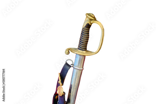 Vintage weapons officer of the battles of the Russian and French armies, isolated on a white background. Retro saber period of the Crimean war of the 19th century.