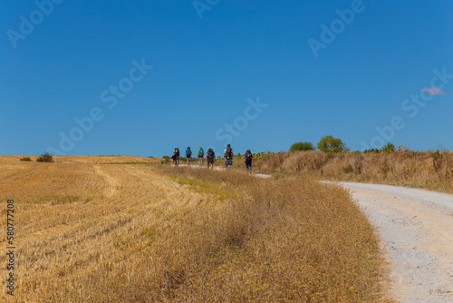 Pilgrims walk along the Camino De Santiago