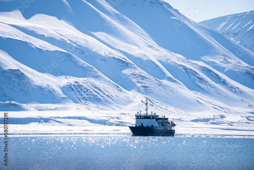 Ship incomming a Svalbard fjord
