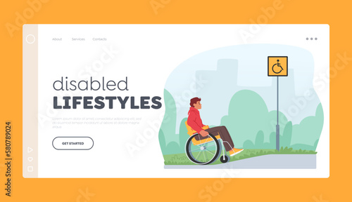 Disabled Lifestyle Landing Page Template. Male Character In Wheelchair Ascending Ramp On Street, Overcoming Barriers