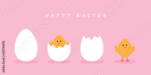 happy easter minimal design with egg and little chick on blue background
