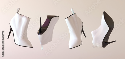 Flying fashionable white women's ankle boots with high heels isolated on beige background. Trendy shoes float. Horizontal banner. Creative minimal fashion shoes background. 3d render illustration.