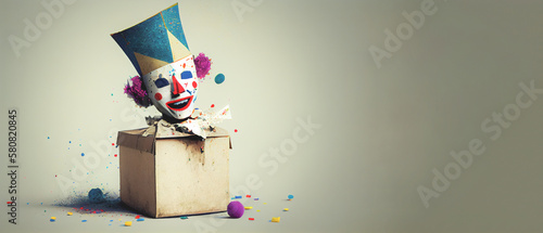 Jack in the Box with confetti, jester hat. April fool day concept with box surprise. Banner 3D illustration with a copy of the place for the text