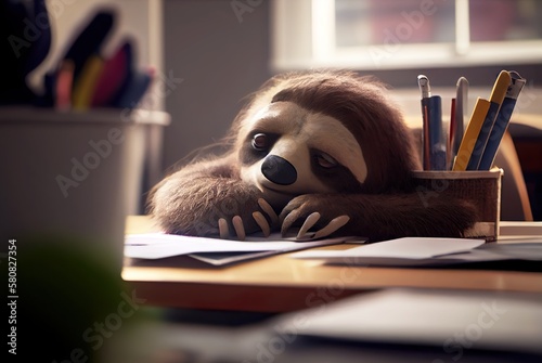 Lazy animal employee sleeping at desk. Boredom and burnout concept. AI generative
