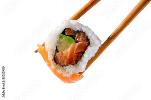 Sushi roll in chopsticks