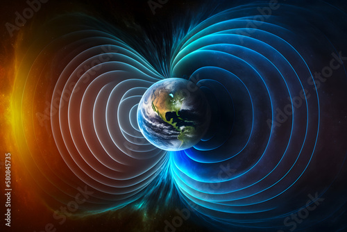 Earth's magnetic field Magnetosphere, lines of magnetic induction in outer space in orbit. Radiance in the ionosphere. 