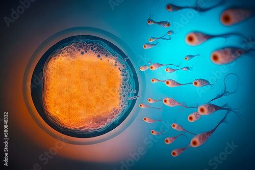 Fertilization is the process of spermatozoa moving towards the woman egg. Male female reproductive cells. The concept of the origin of life in a turbo, a child. Generative AI