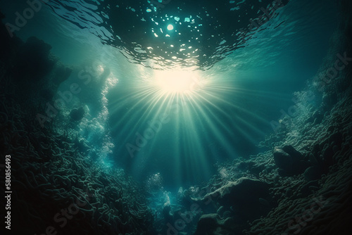 Underwater Sea - Deep Water Abyss With Blue Sun light, generative ai