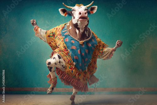 cow in boho clothes joyfully dancin, created with Generative AI technology