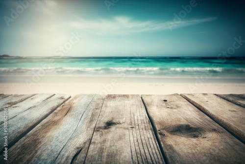 Empty Wooden Planks With Blur Beach And Sea On background, generative ai