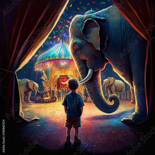 Elefantes de circo do lado de criança