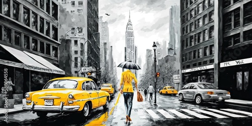 oil painting on canvas street view of new york man and woman yellow taxi modern artwork new york in gray and yellow colors american city illustration new york, generative ai