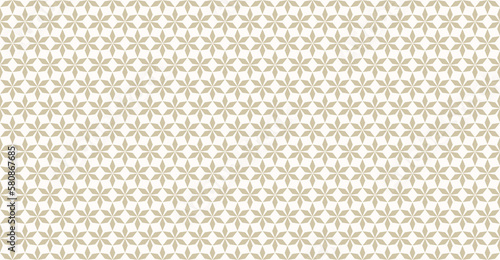 Abstract vector golden geometric seamless pattern in Oriental style. Luxury texture with floral lattice, mesh, grid, flower silhouettes. Gold and white elegant background. Repeat ornamental design