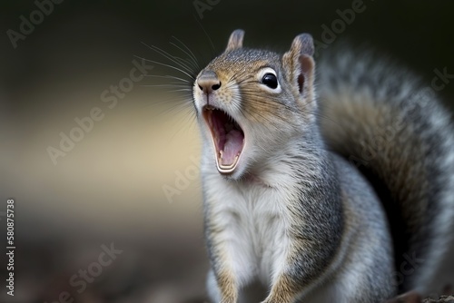 Grey squirrel yawning funny. Generative AI
